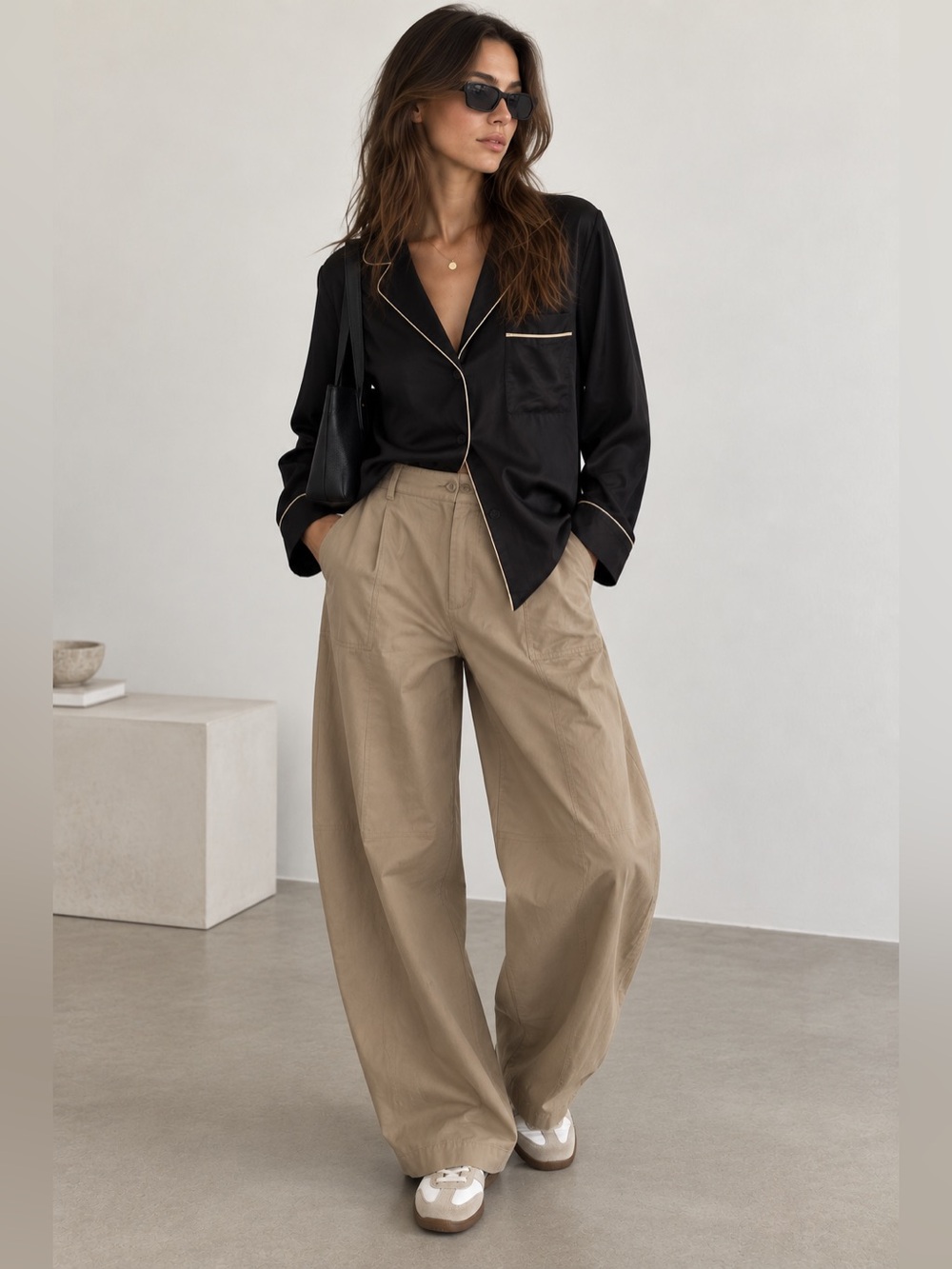 $175 NWT Satin Pajama-Style Button-Up Shirt with Contrast Piping